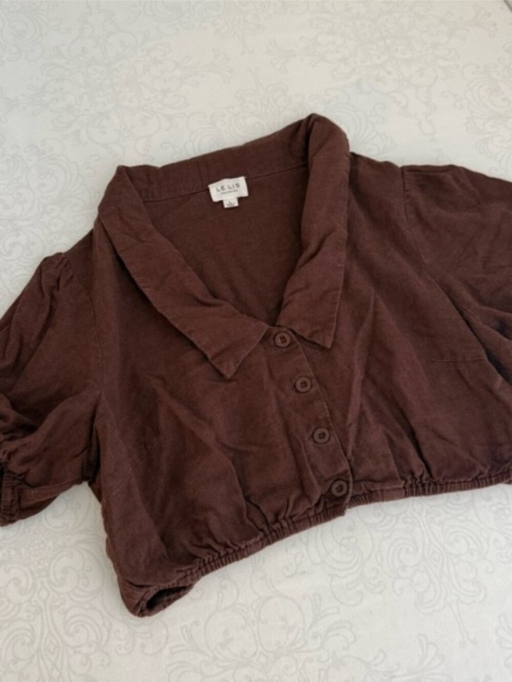 Le lis Lagenlook Button Front Short Sleeve Cotton Linen Blend Cropped Top Large